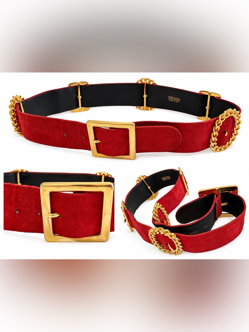 Escada Red Suede Belt with Gold Buckle and Chain Accents